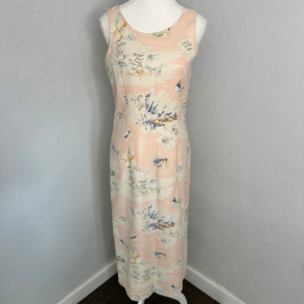 Pineapple Moon 100% Silk Maxi Dress Women's S Sleeveless Postcard Floral Pink‎